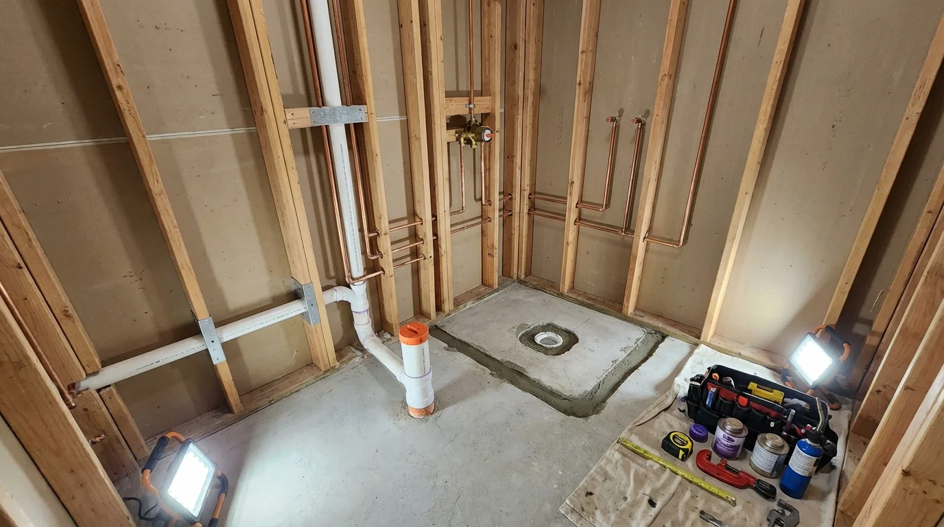 Bathroom rough-in plumbing during remodel by Johns Plumbing LLC in Dimmitt