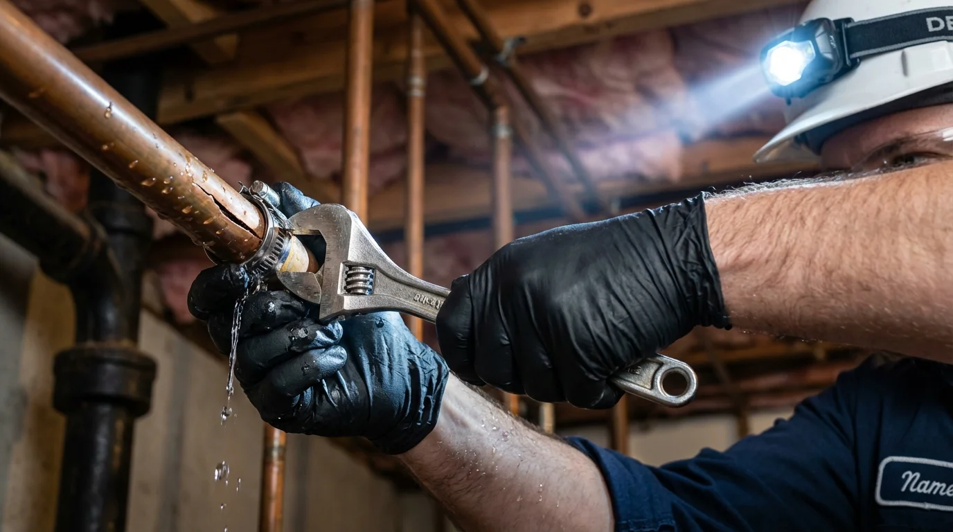 Emergency pipe clamp repair being performed by a Johns Plumbing LLC plumber in Dimmitt