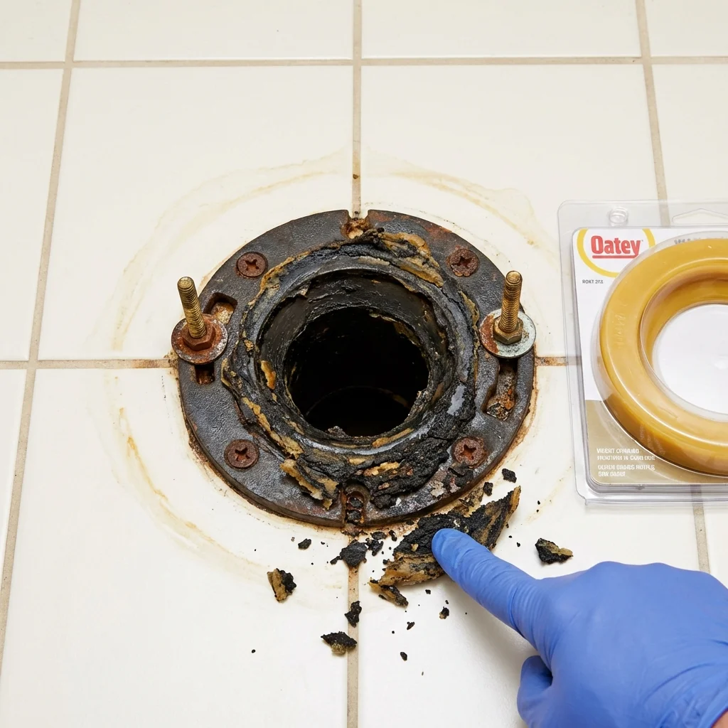 Failed wax ring showing water seepage at the base of a toilet in a Dimmitt, TX home