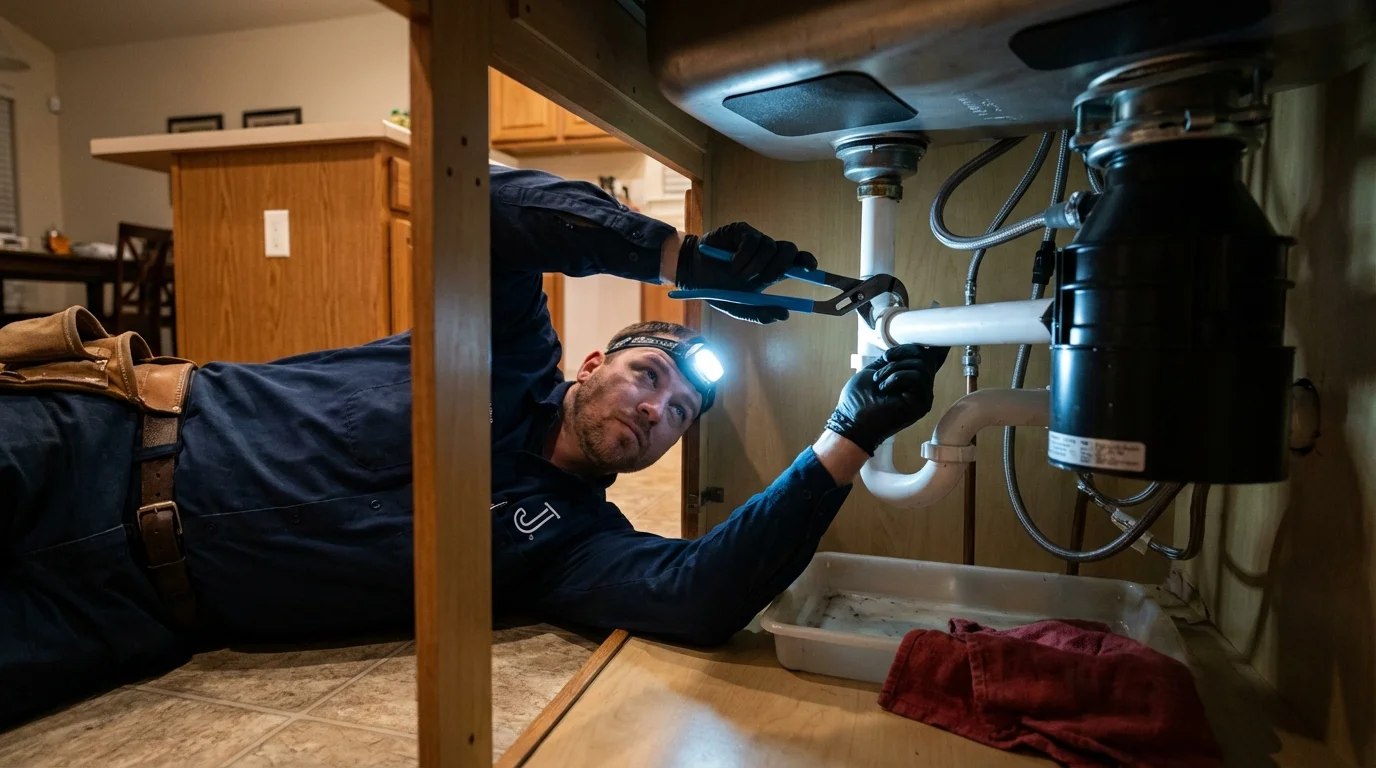 P-trap and supply line connections under a kitchen sink showing a common leak point in Dimmitt, TX